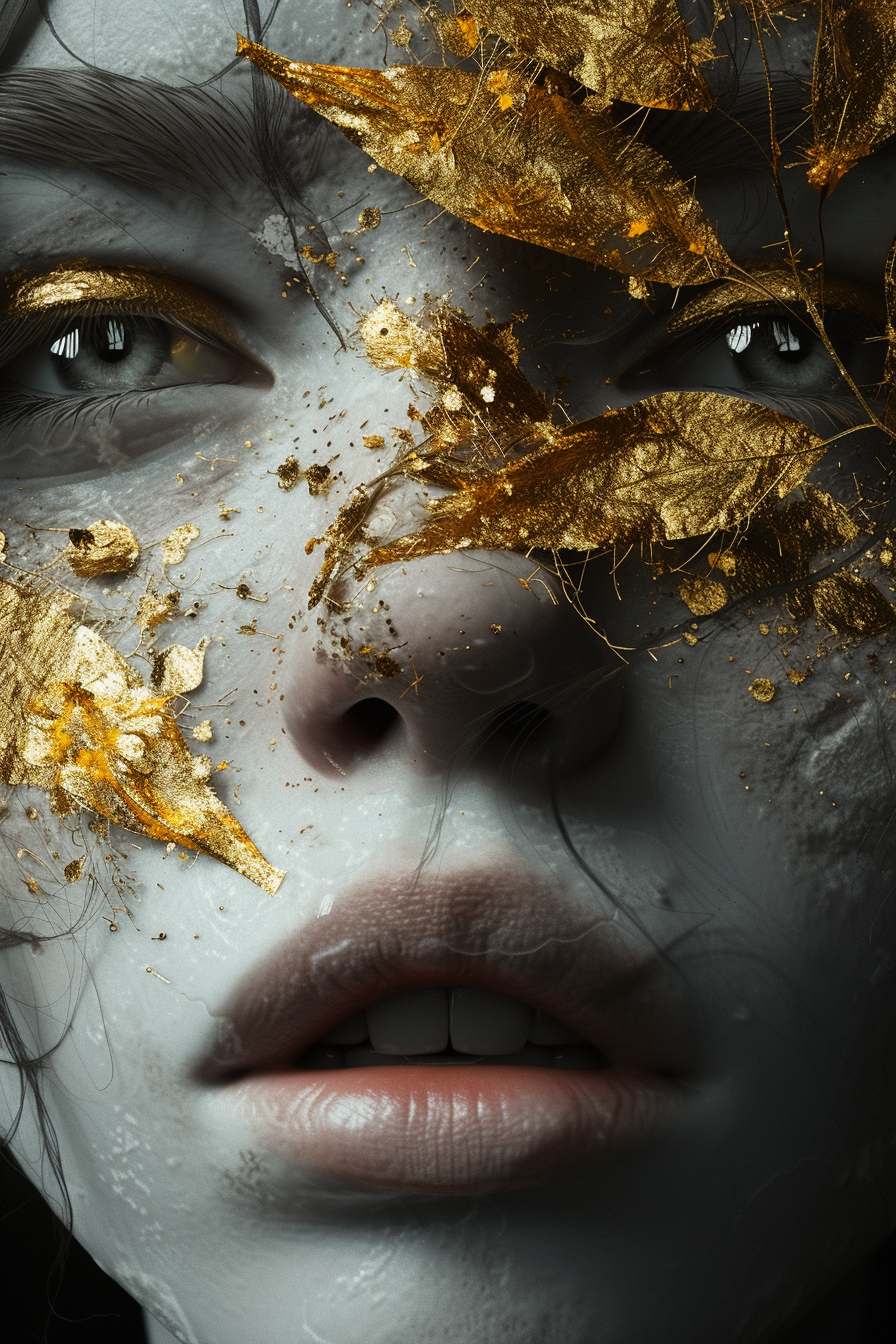 Midjourney prompt: the woman's face was painted with golden, in the s... - Midjourney