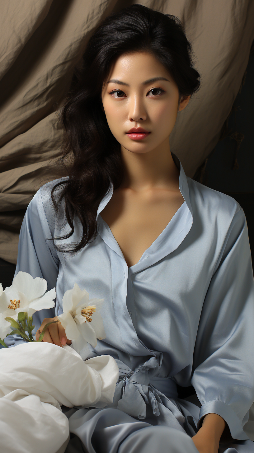 AI generated: Midjourney prompt: asian rae eunhee on a white bed, in the style of l... (Midjourney - Portraits)