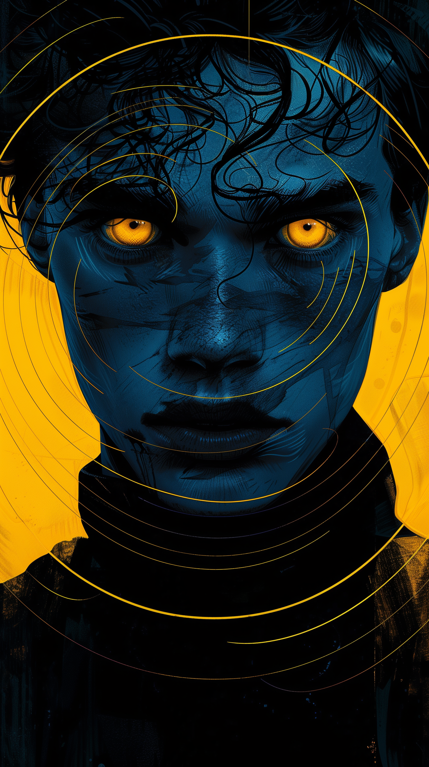 صورة مولدة بالذكاء الاصطناعي: Midjourney prompt: illustration, man, front, gaze, yellow eye, consis... (نموذج Midjourney - فن مفاهيمي)