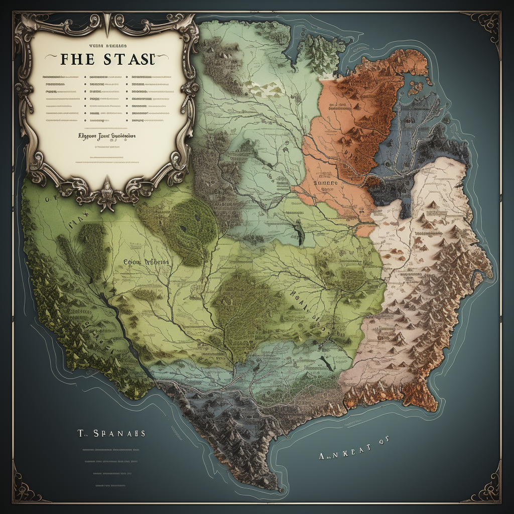 صورة مولدة بالذكاء الاصطناعي: Midjourney prompt: Fantasy map that has USA map outline but divided i... (نموذج Midjourney - فن مفاهيمي)