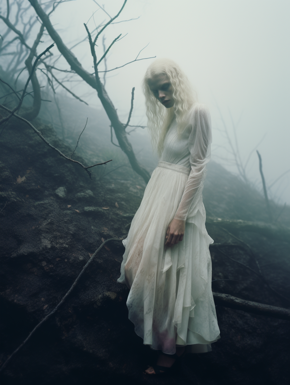 AI generated: Midjourney prompt: Editorial Photoshoot on a eerie foggy forest, a bl... (Midjourney - Fashion)