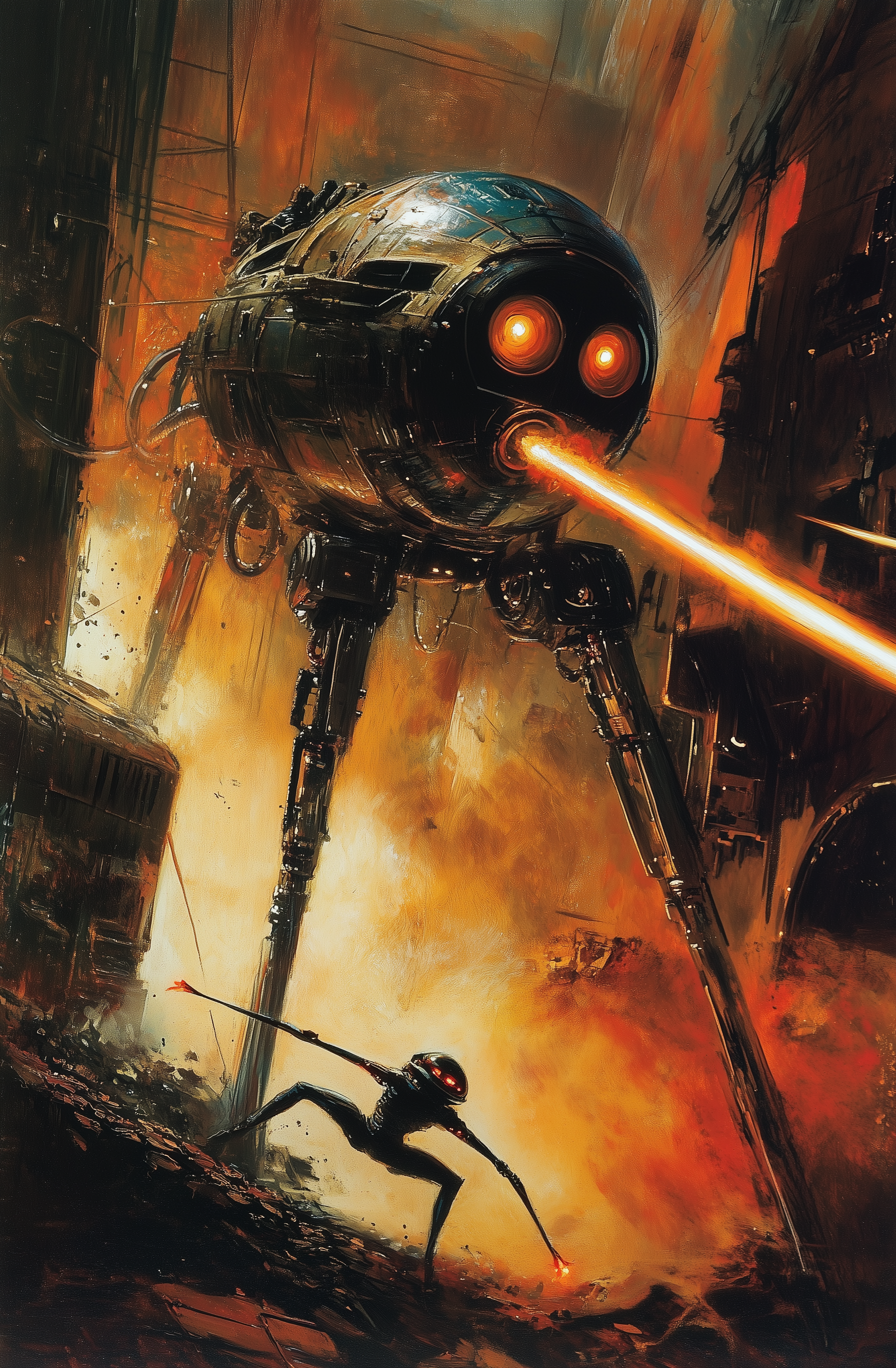 AI generated: Midjourney prompt: A robot is shooting laser beams from its eyes at a... (Midjourney - Concept Art)