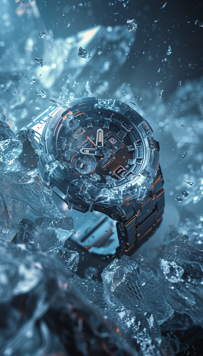 AI generated: Midjourney prompt: picture solide sport G-shock watch falling on ice ... (Midjourney - Photography)