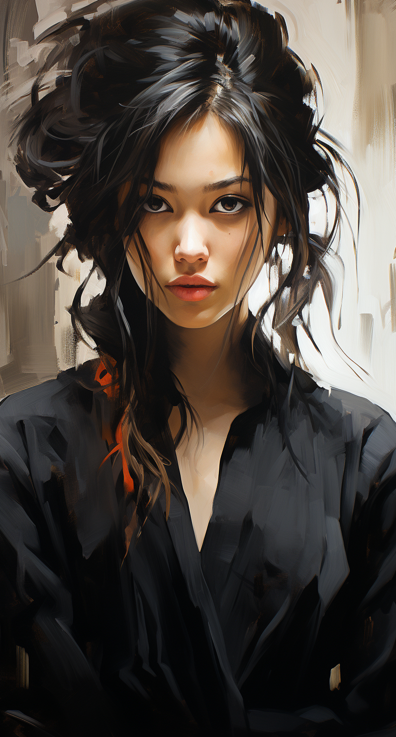 Midjourney prompt: a black and white painting of an asian girl with h... - Midjourney