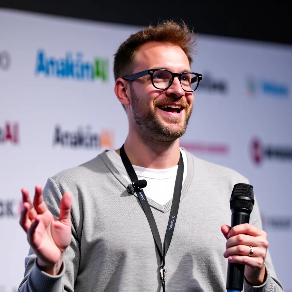 AI generated: FLUX prompt: A charismatic speaker is captured mid-speech. He h... (FLUX - Portraits)