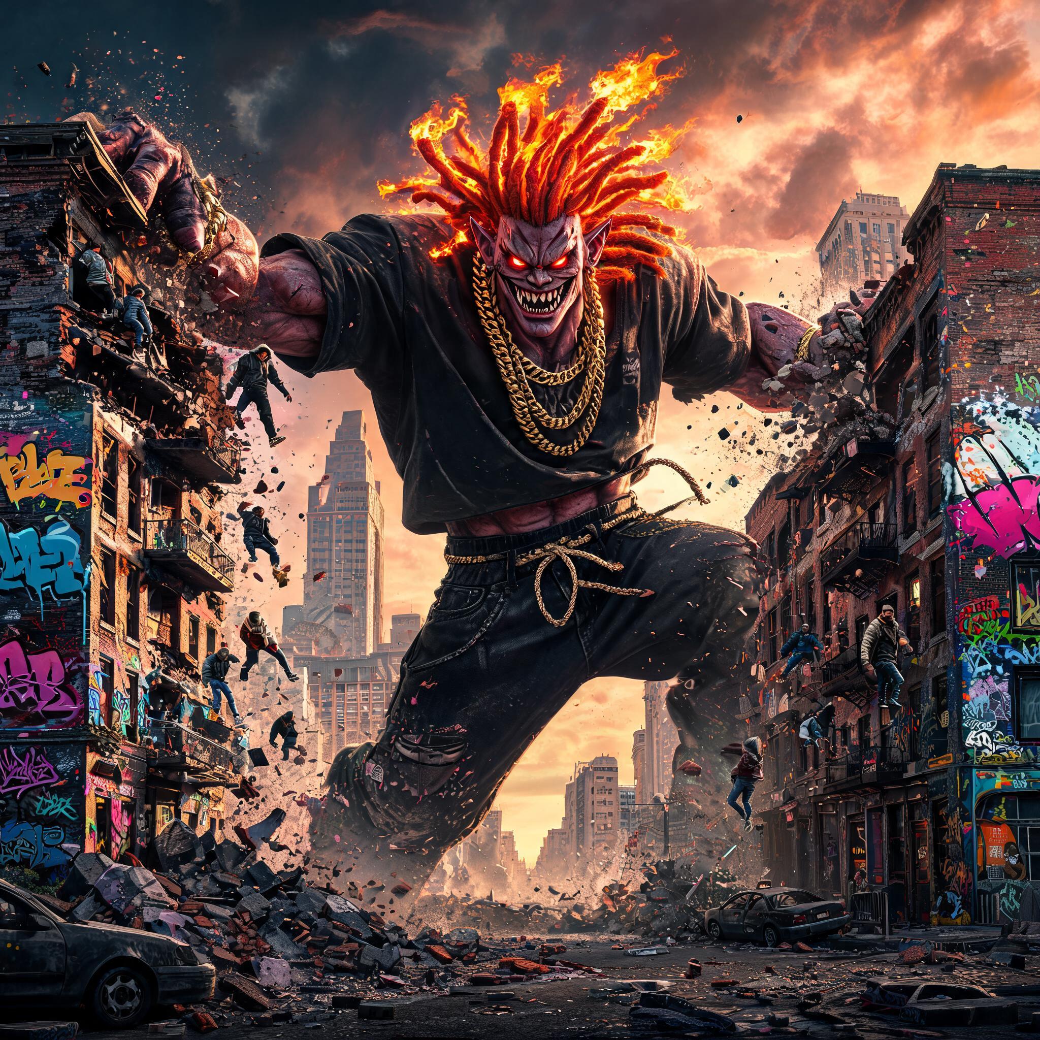 AI generated: Seedream 5 prompt: A colossal HIP HOP DEMON with flaming dreadlocked... (Seedream 5 - Architecture)