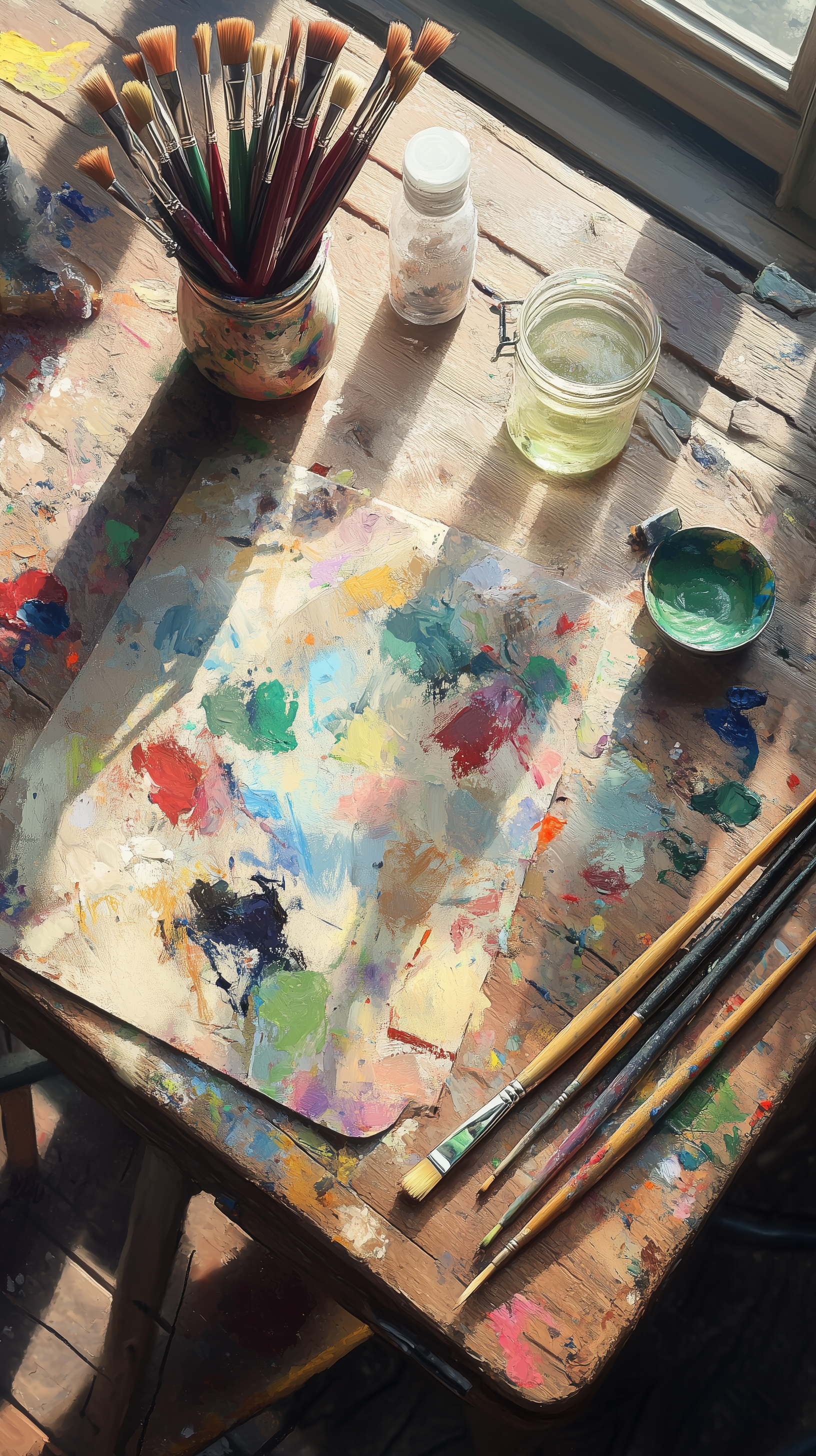 صورة مولدة بالذكاء الاصطناعي: Midjourney prompt: photography, top view, artist's table, variety of ... (نموذج Midjourney - تصوير فوتوغرافي)
