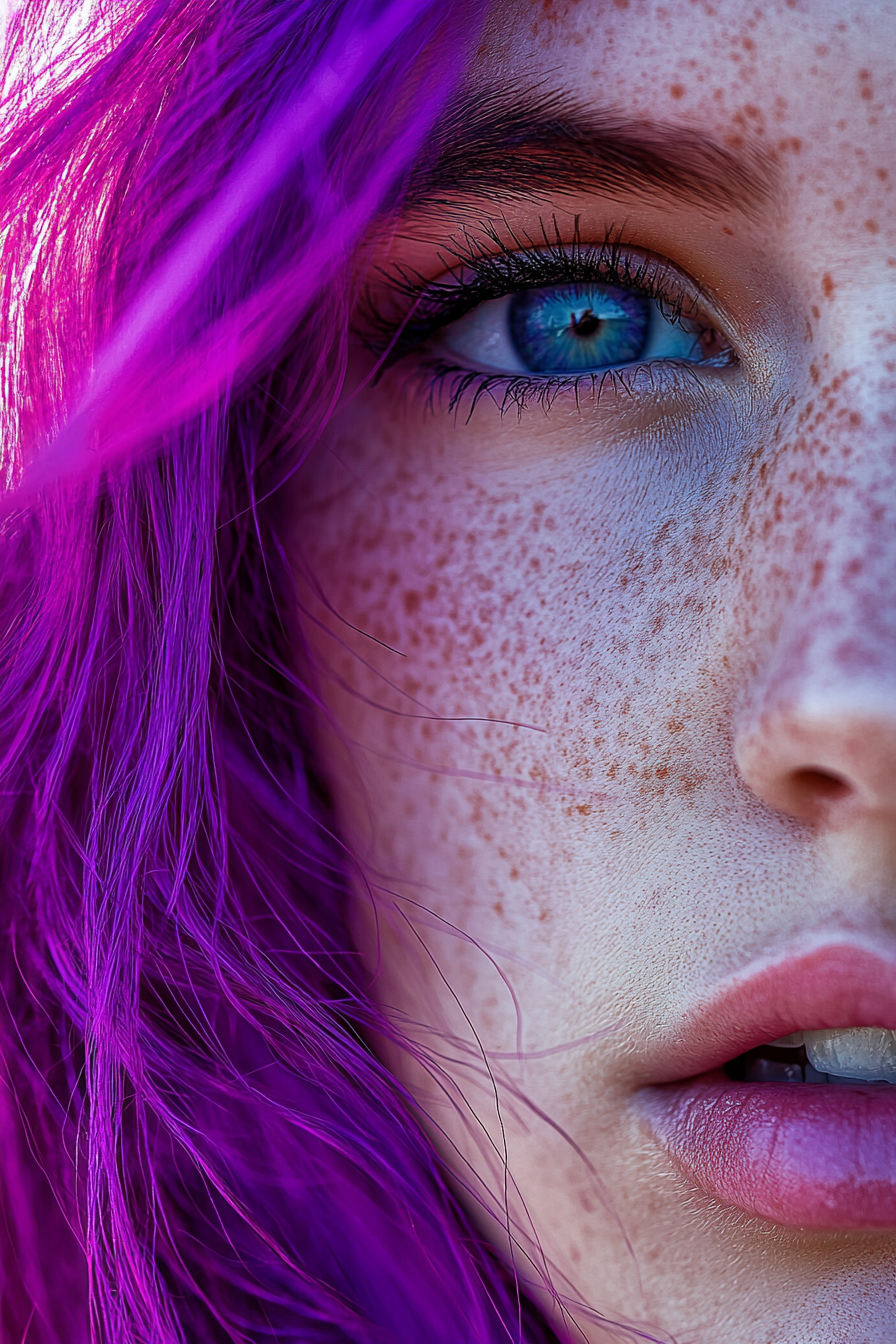 صورة مولدة بالذكاء الاصطناعي: Midjourney prompt: A close-up portrait of a woman with vibrant purple... (نموذج Midjourney - صور شخصية)