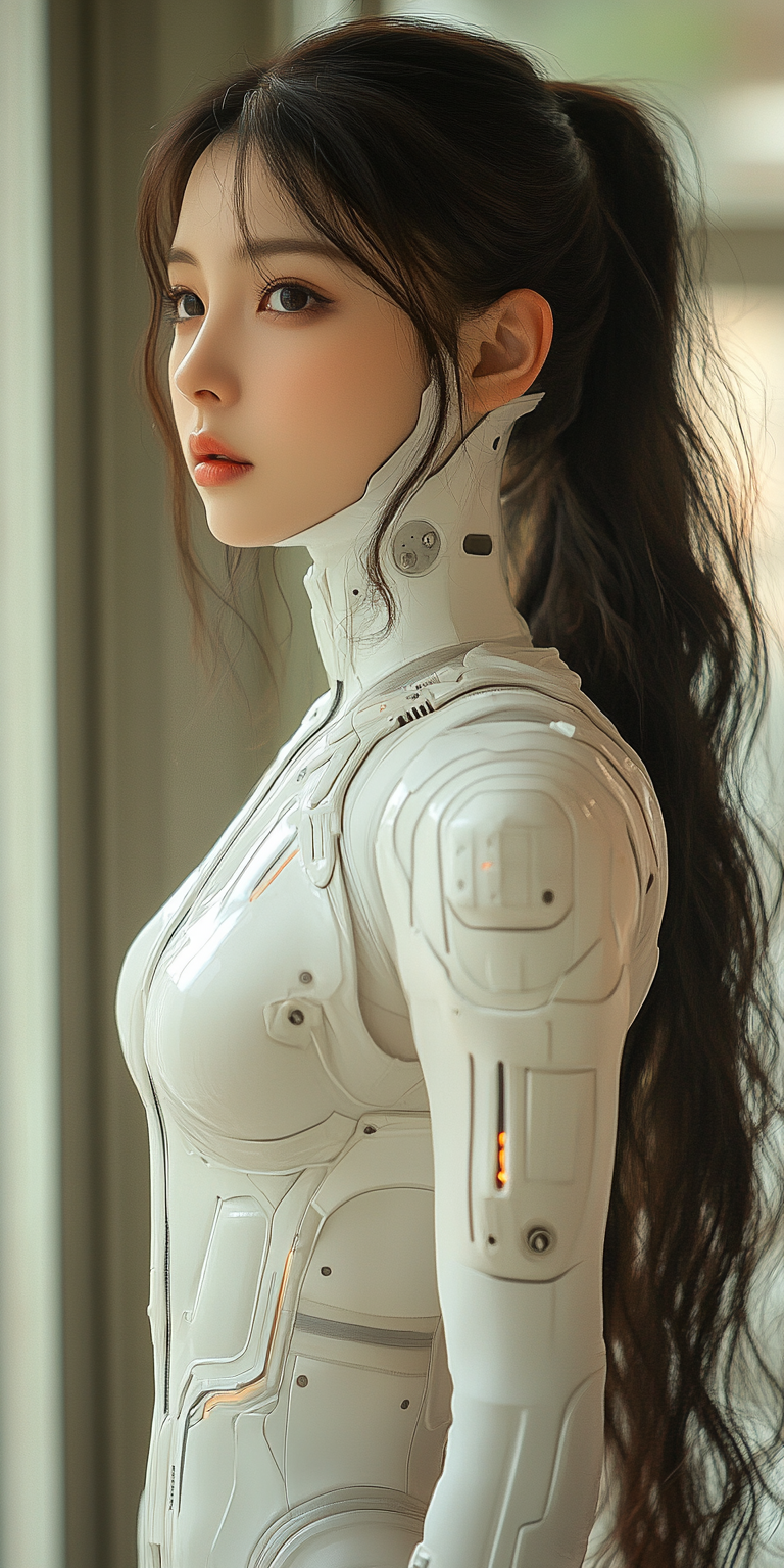 AI generated: Midjourney prompt: Beautiful Asian woman in a white bodysuit, futuris... (Midjourney - Photography)