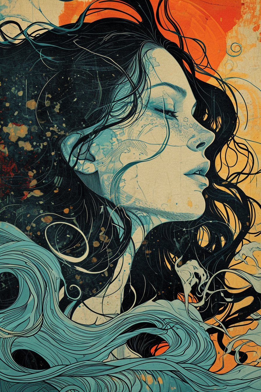 Midjourney prompt: illustration of a [white woman] with [half light b... - Midjourney