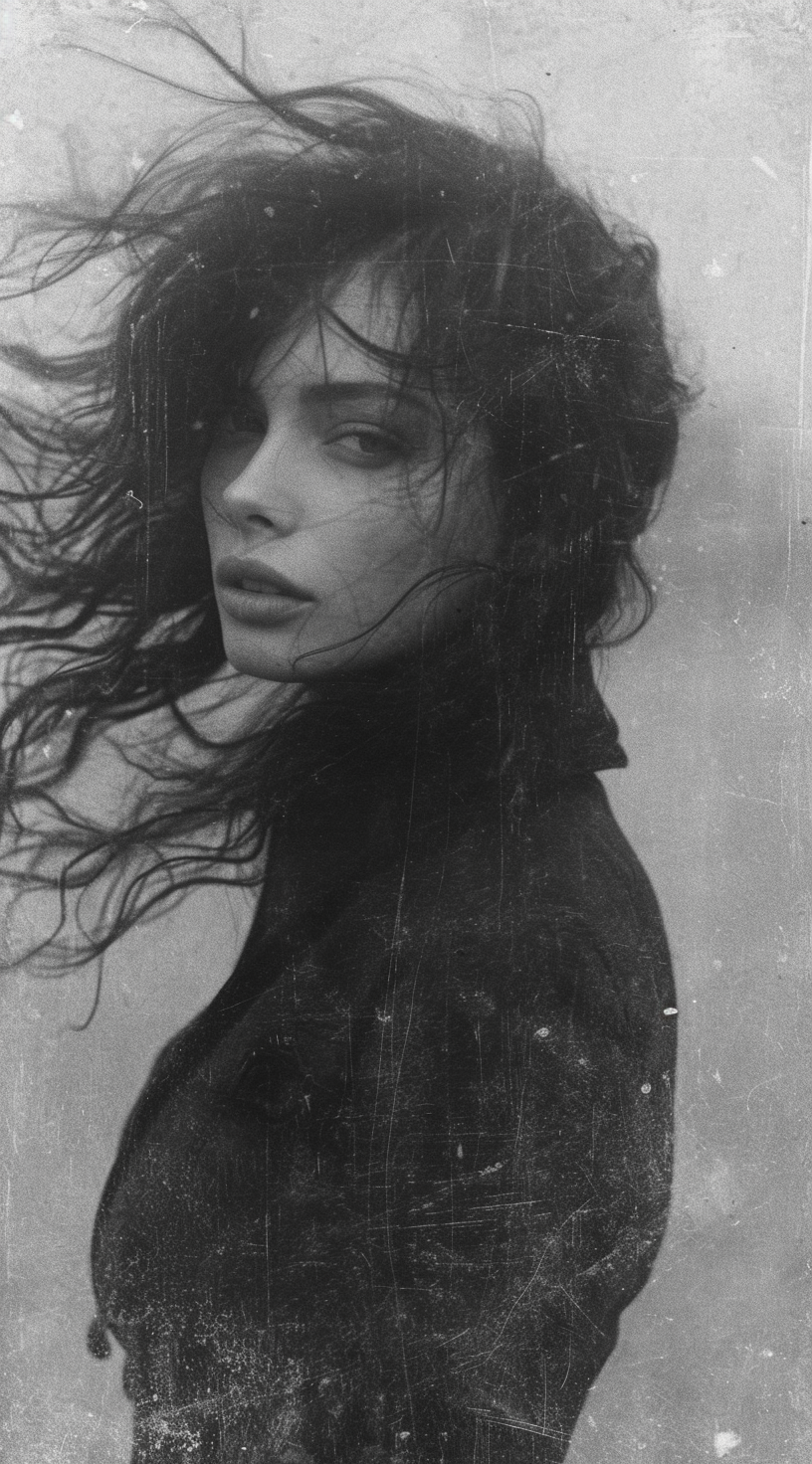 AI generated: Midjourney prompt: a woman with long wild hair on a windy day, in the... (Midjourney - Photography)