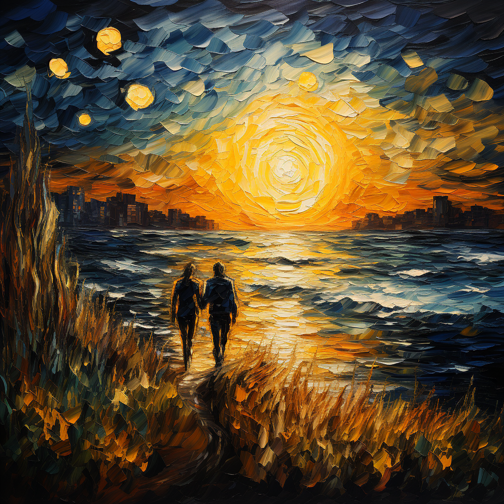 Midjourney prompt: painting depicting two people walking through a fi... - Midjourney