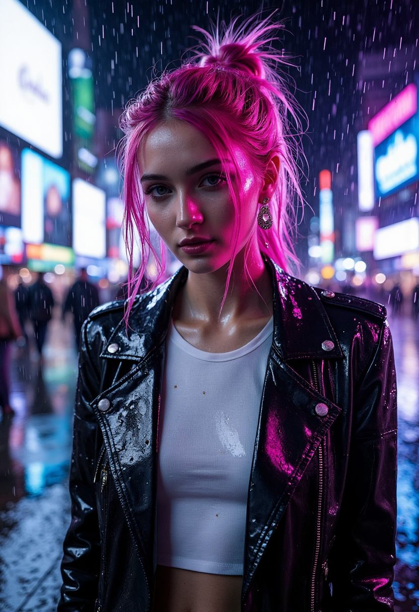 صورة مولدة بالذكاء الاصطناعي: FLUX prompt: A striking young woman stands resolute against the... (نموذج FLUX - صور شخصية)