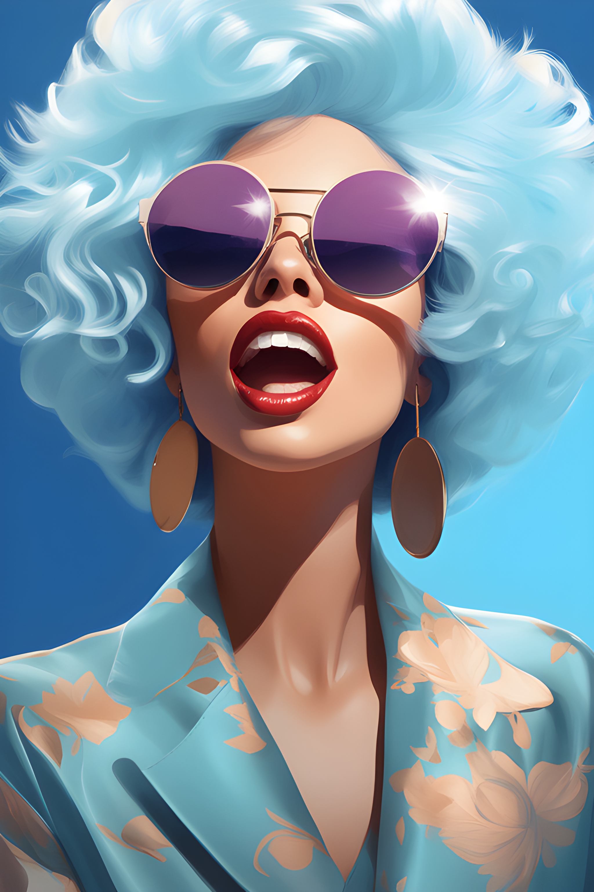 صورة مولدة بالذكاء الاصطناعي: DreamShaper prompt: a close up of a woman with a blue wig and sunglass... (نموذج DreamShaper - فن مفاهيمي)