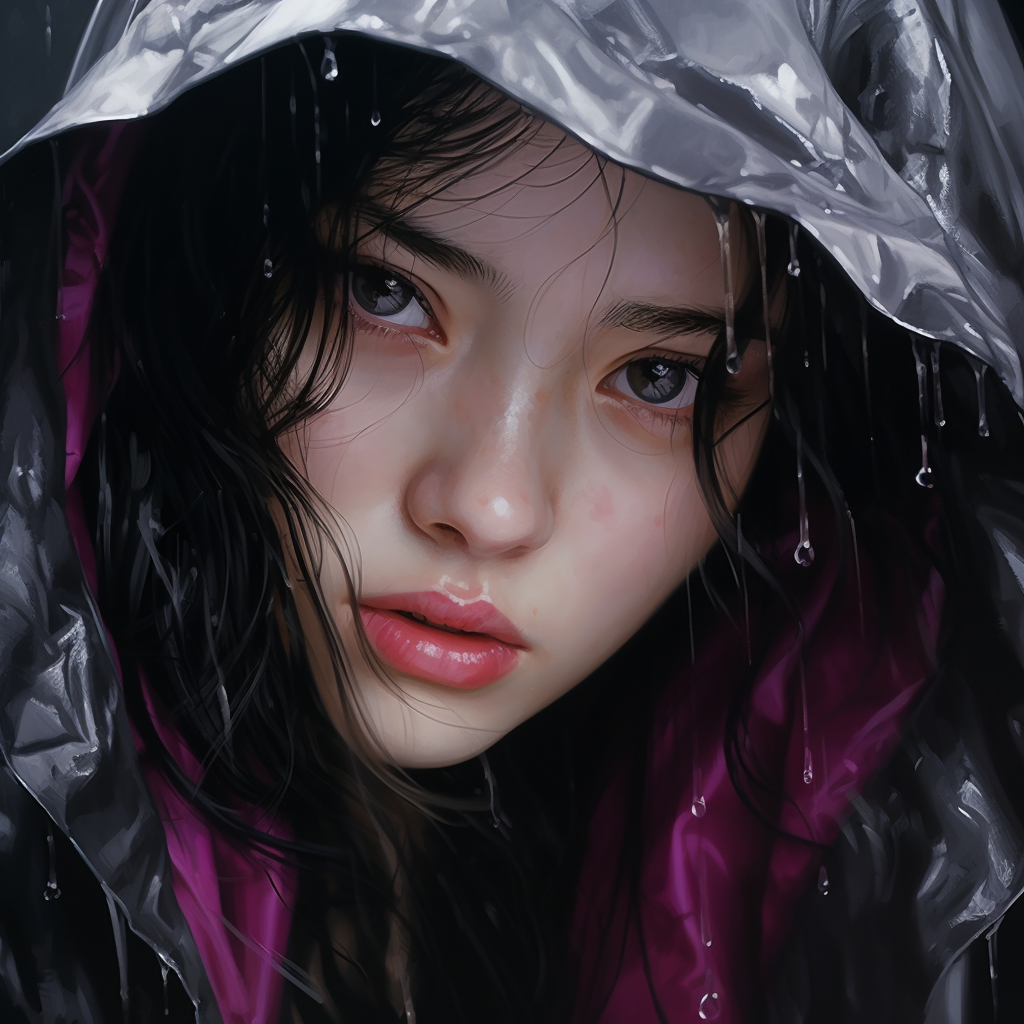 Midjourney prompt: A girl in wet weather with pink eyes, in the style... - Midjourney