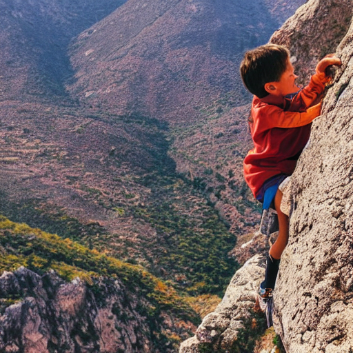 Stable Diffusion prompt: a young kid climbing a montain w...