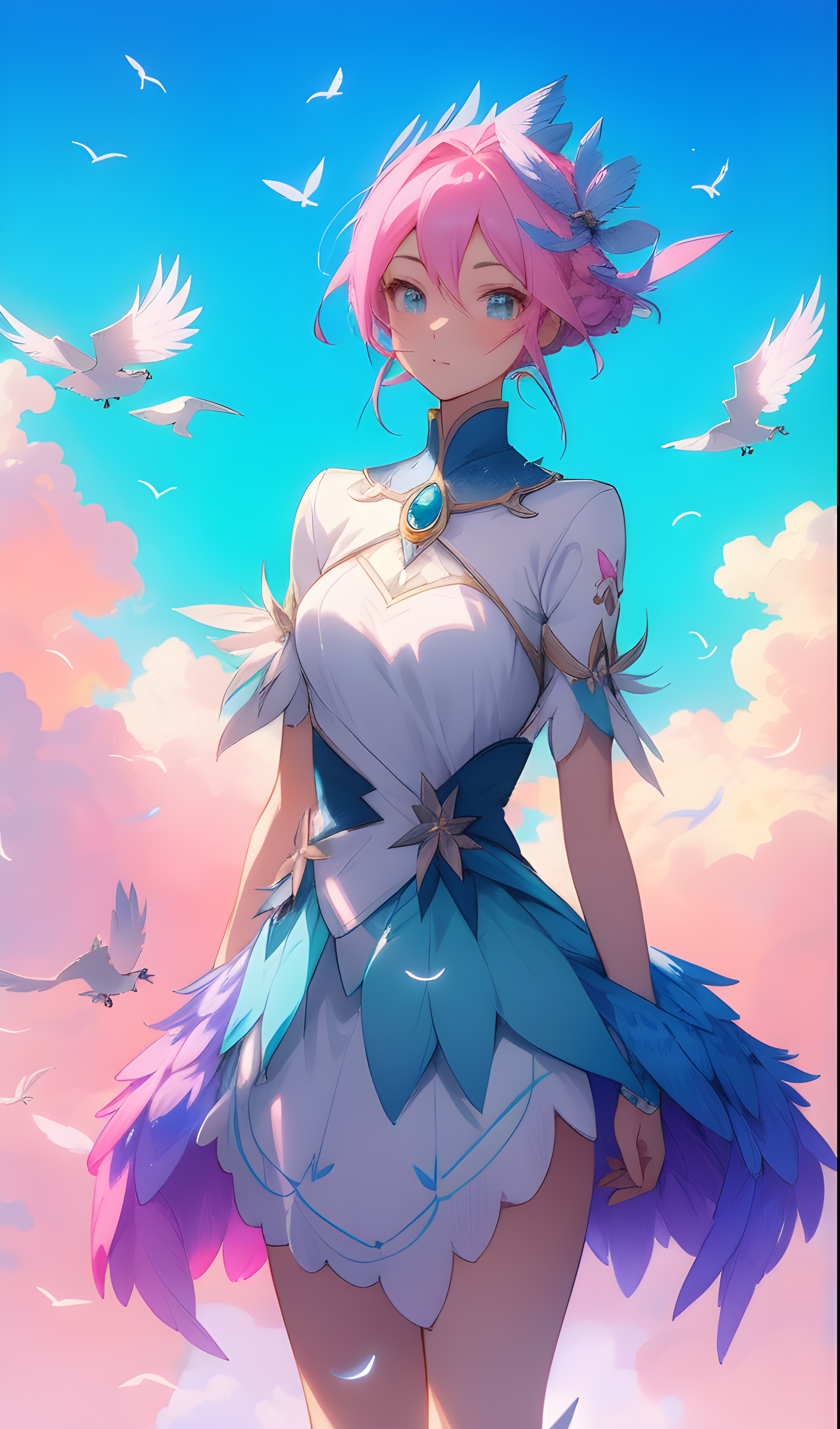 صورة مولدة بالذكاء الاصطناعي: ReV Animated prompt: a woman with pink hair standing in front of a floc... (نموذج ReV Animated - أنمي)