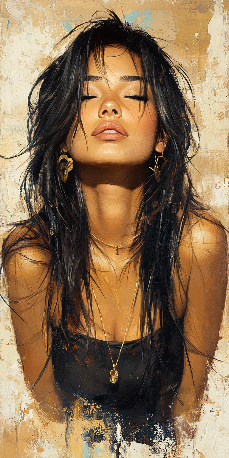 Midjourney prompt: a woman with long black hair in a gold painting, i... - Midjourney