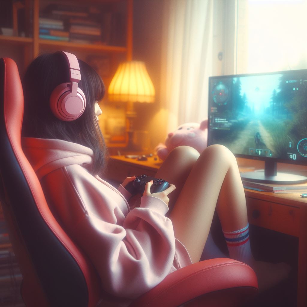 DALL·E prompt: a Girl gamer sitting in her gamer chair, playing v... - DALL·E