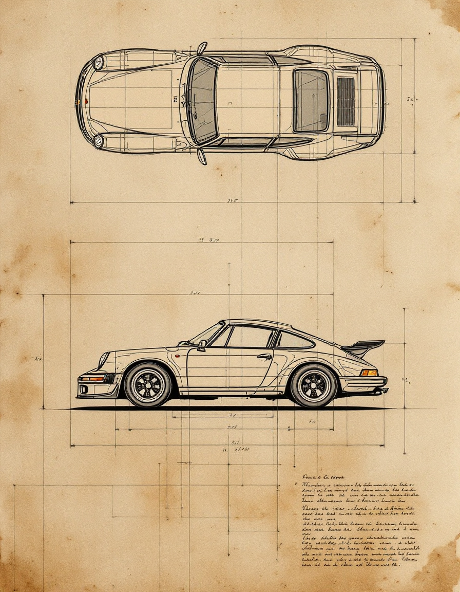 AI generated: FLUX prompt: Porsche 911 GT3 technical draw, like vintage drawi... (FLUX - Concept Art)