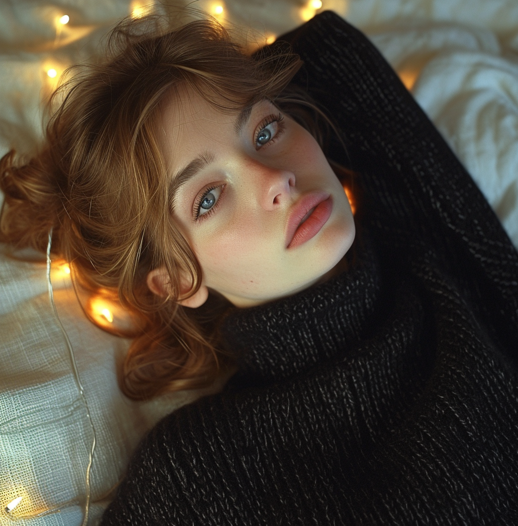 AI generated: Midjourney prompt: a woman is laying on a bed wearing a black sweater... (Midjourney - Photography)