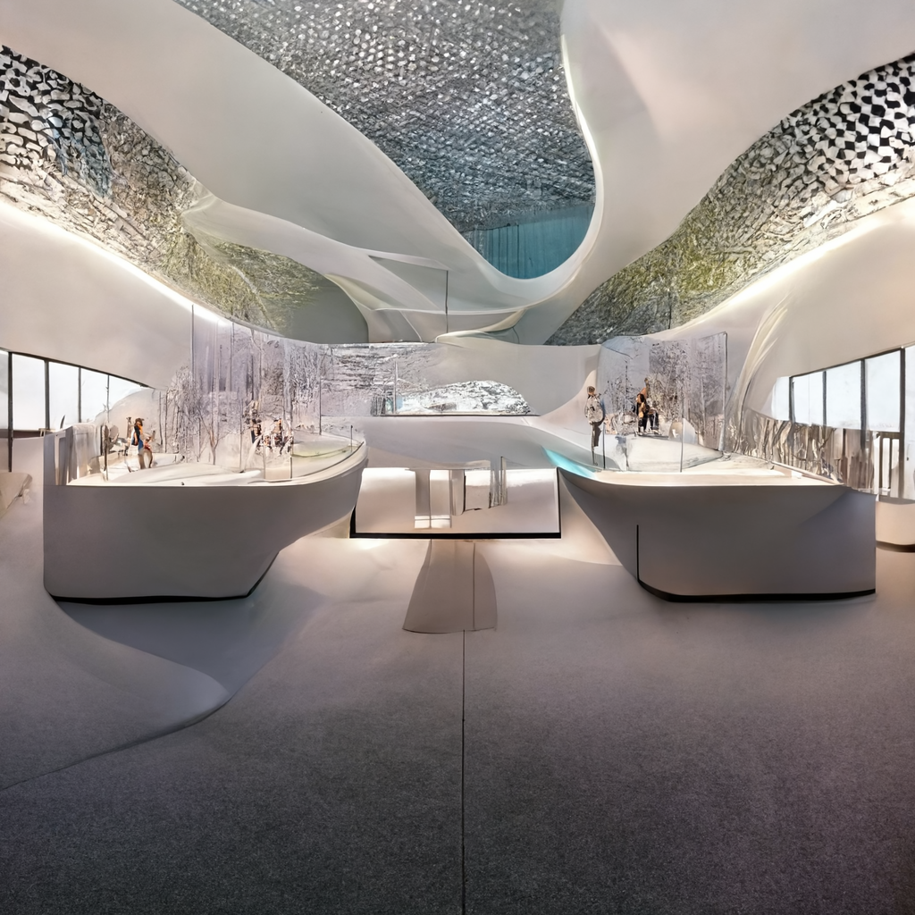 Midjourney prompt: interior layout of exhibition hall des...
