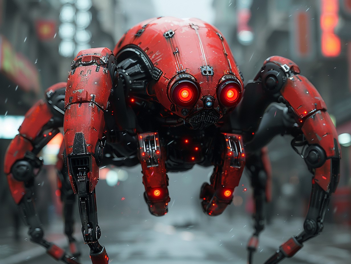 AI generated: Midjourney prompt: A spiderlike robot jumping at the viewer, Cyberpun... (Midjourney - Concept Art)