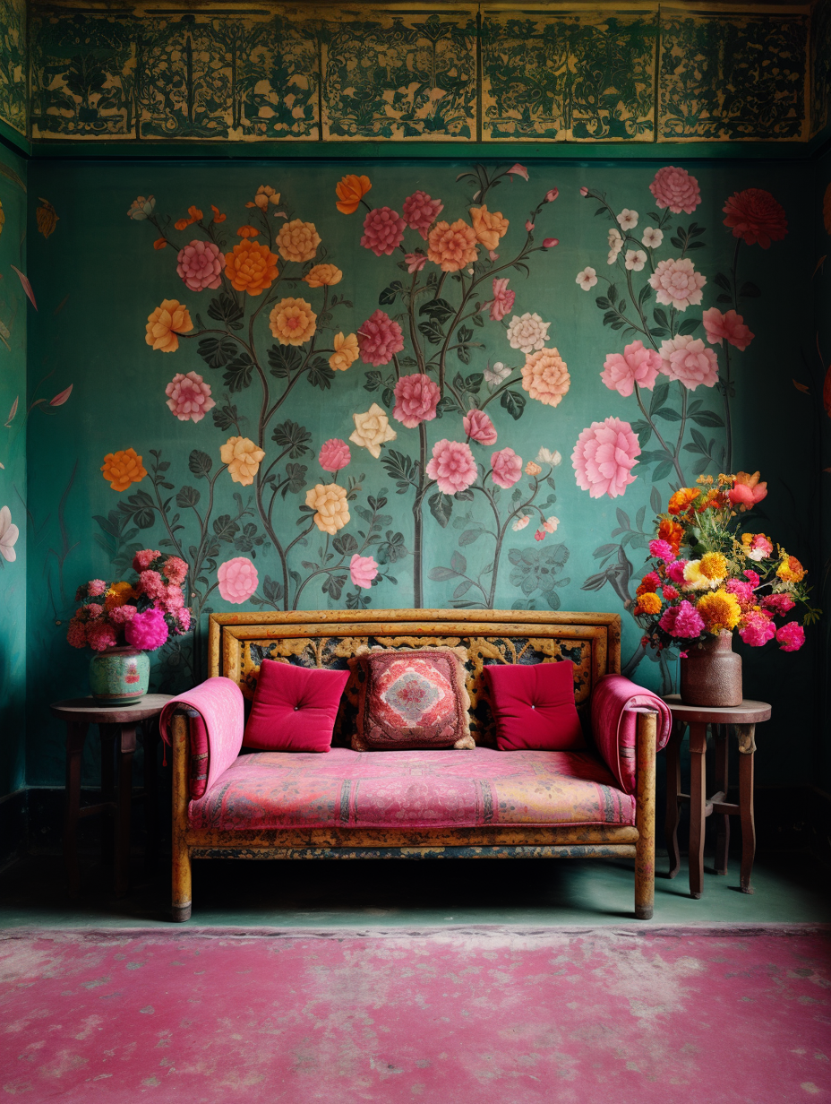 Midjourney prompt: colorful murals and cushions are painted on the wa... - Midjourney