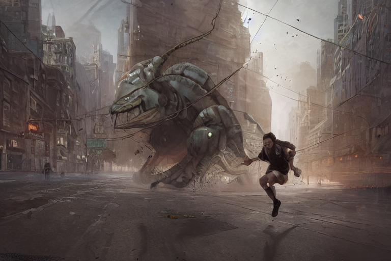 Stable Diffusion prompt: a man running in panic through a...