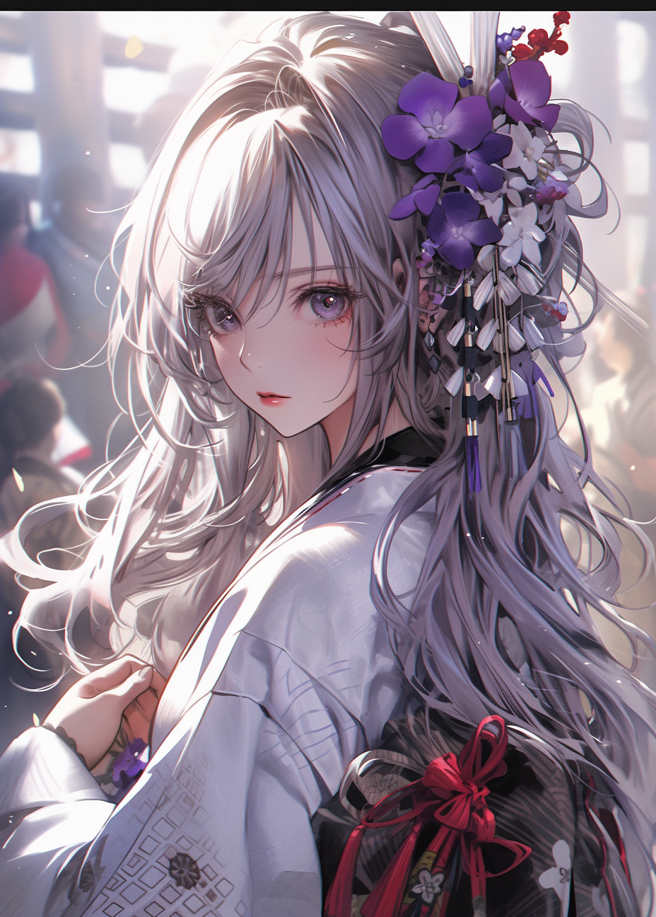 صورة مولدة بالذكاء الاصطناعي: Midjourney prompt: a girl with white hair in a purple kimono and a fl... (نموذج Midjourney - أنمي)
