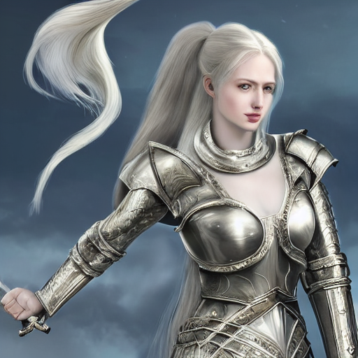 Stable Diffusion prompt: Female knight, long white hair,
