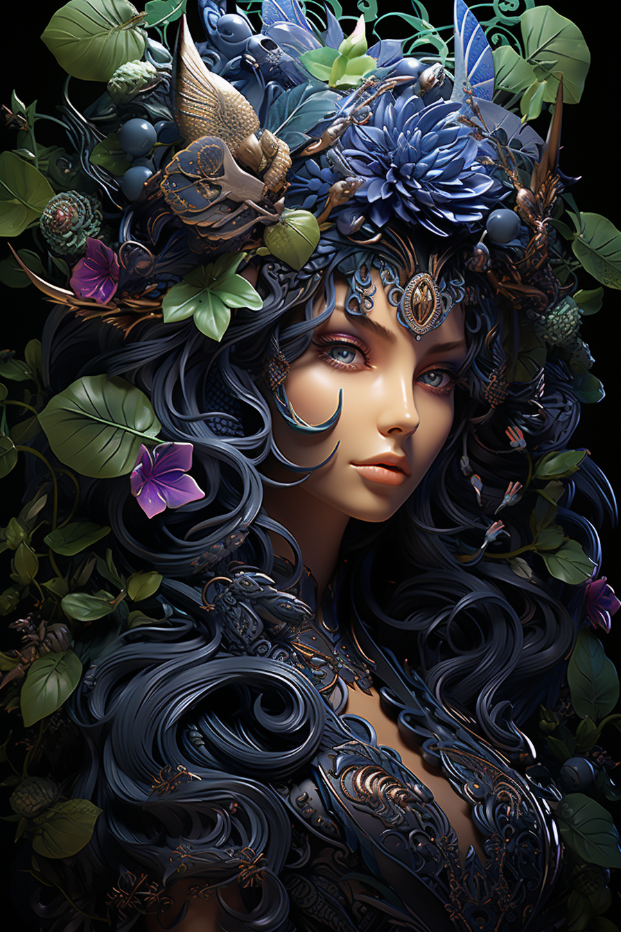 AI generated: Midjourney prompt: An elusive fae with emerald eyes and gleaming lave... (Midjourney - 3d Renders)