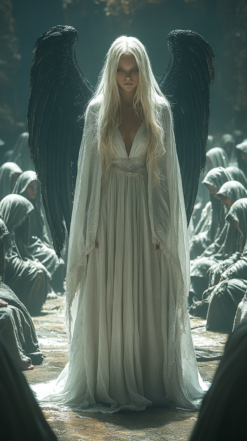 Midjourney prompt: A full-body cinematic photograph of an angelic blo... - Midjourney