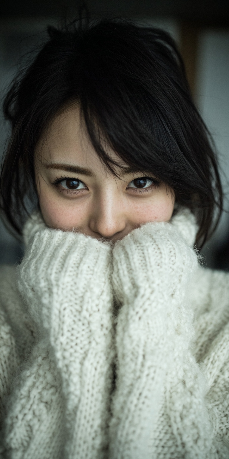 Midjourney prompt: Asian woman, mid 20s, shy --no freckles --chaos 75... - Midjourney