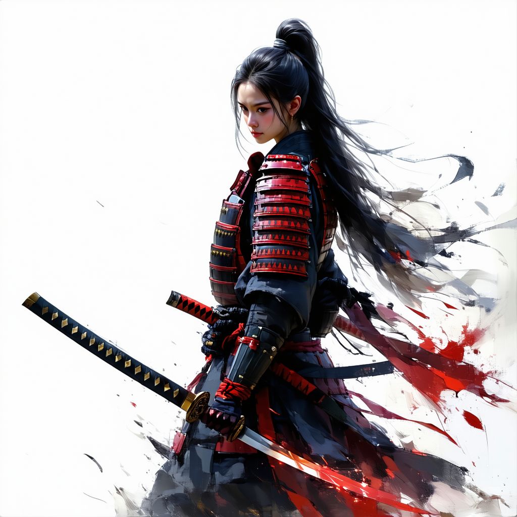 AI generated: Stable Diffusion prompt: 1 woman, weapon, long hair, black hair, white back... (Stable Diffusion - Anime)