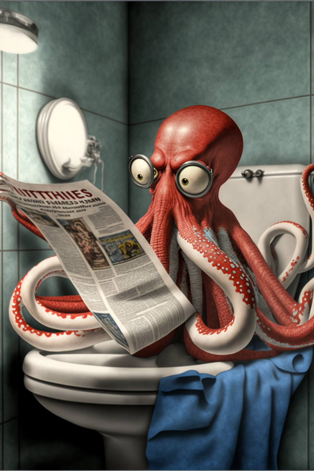 AI generated: Midjourney prompt: red octopus ::1 reading the newspaper sit on a toi... (Midjourney - Character Design)