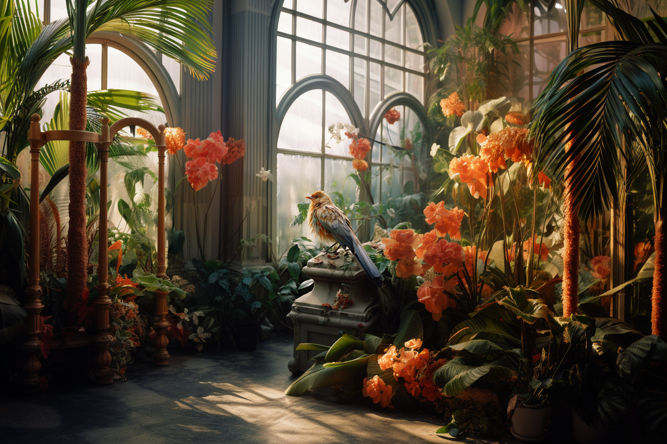 صورة مولدة بالذكاء الاصطناعي: Bird in the Greenhouse (نموذج Midjourney - تصوير فوتوغرافي)