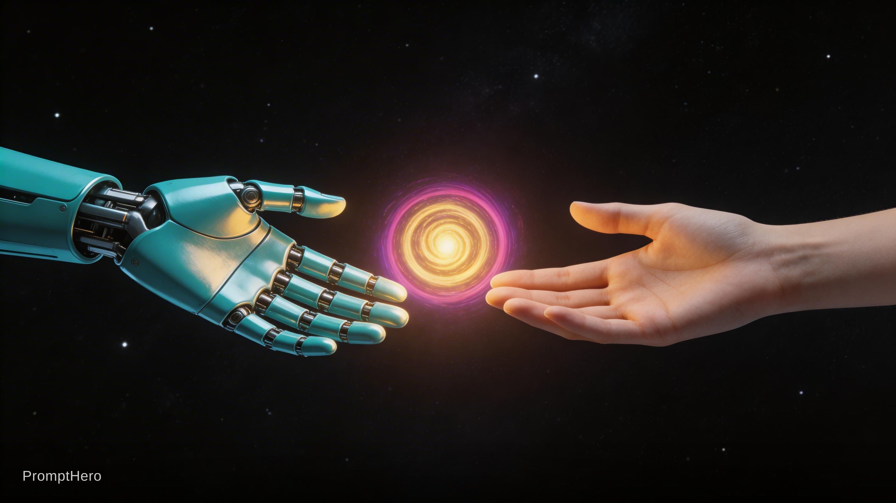 صورة مولدة بالذكاء الاصطناعي: Seedream 5 prompt: 2 Hands. Hand 1: Robot hand, colour turquois metal... (نموذج Seedream 5 - فن مفاهيمي)
