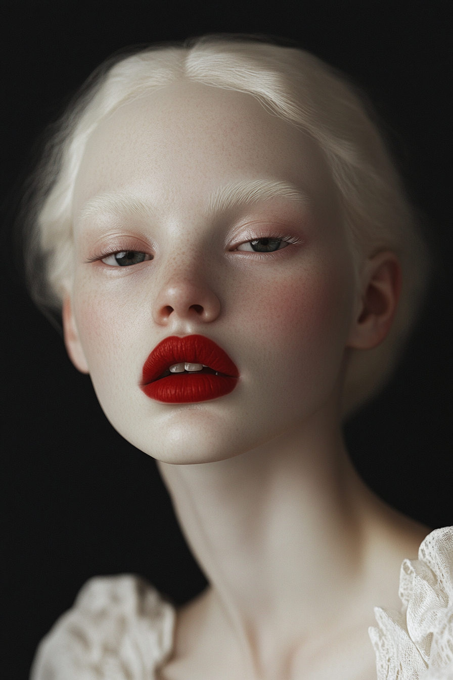 AI generated: Midjourney prompt: a foreground of an albino girl with red lips looki... (Midjourney - Portraits)