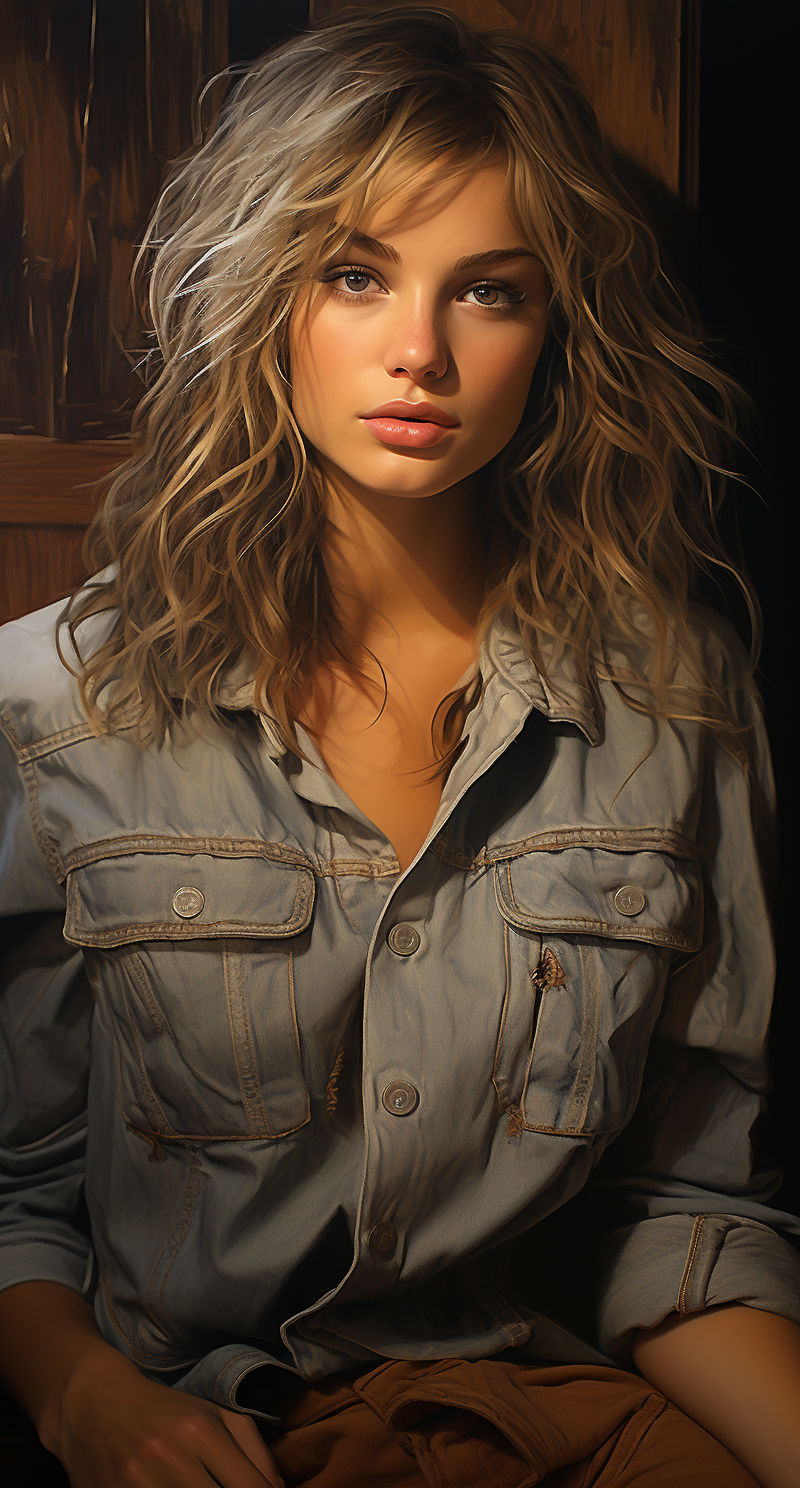AI generated: Midjourney prompt: a beautiful young woman in denim shorts by robert ... (Midjourney - Portraits)