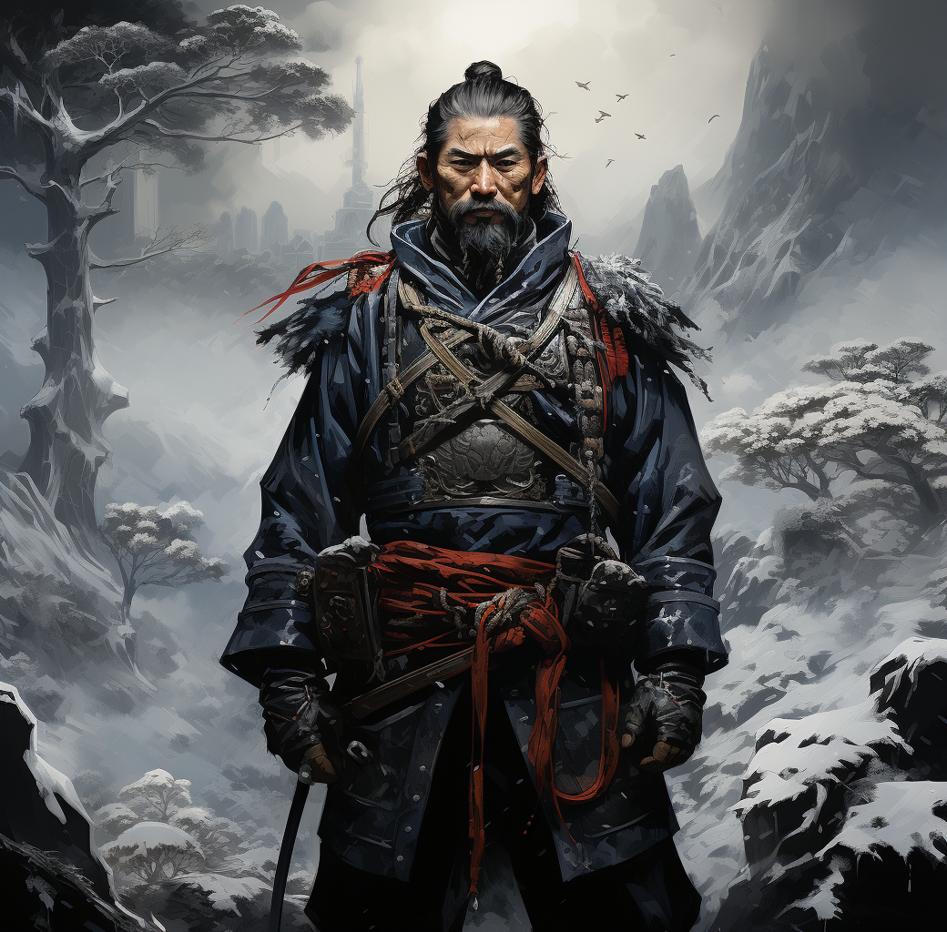 AI generated: Midjourney prompt: a samurai in the snow with swords in his hands, ho... (Midjourney - Portraits)