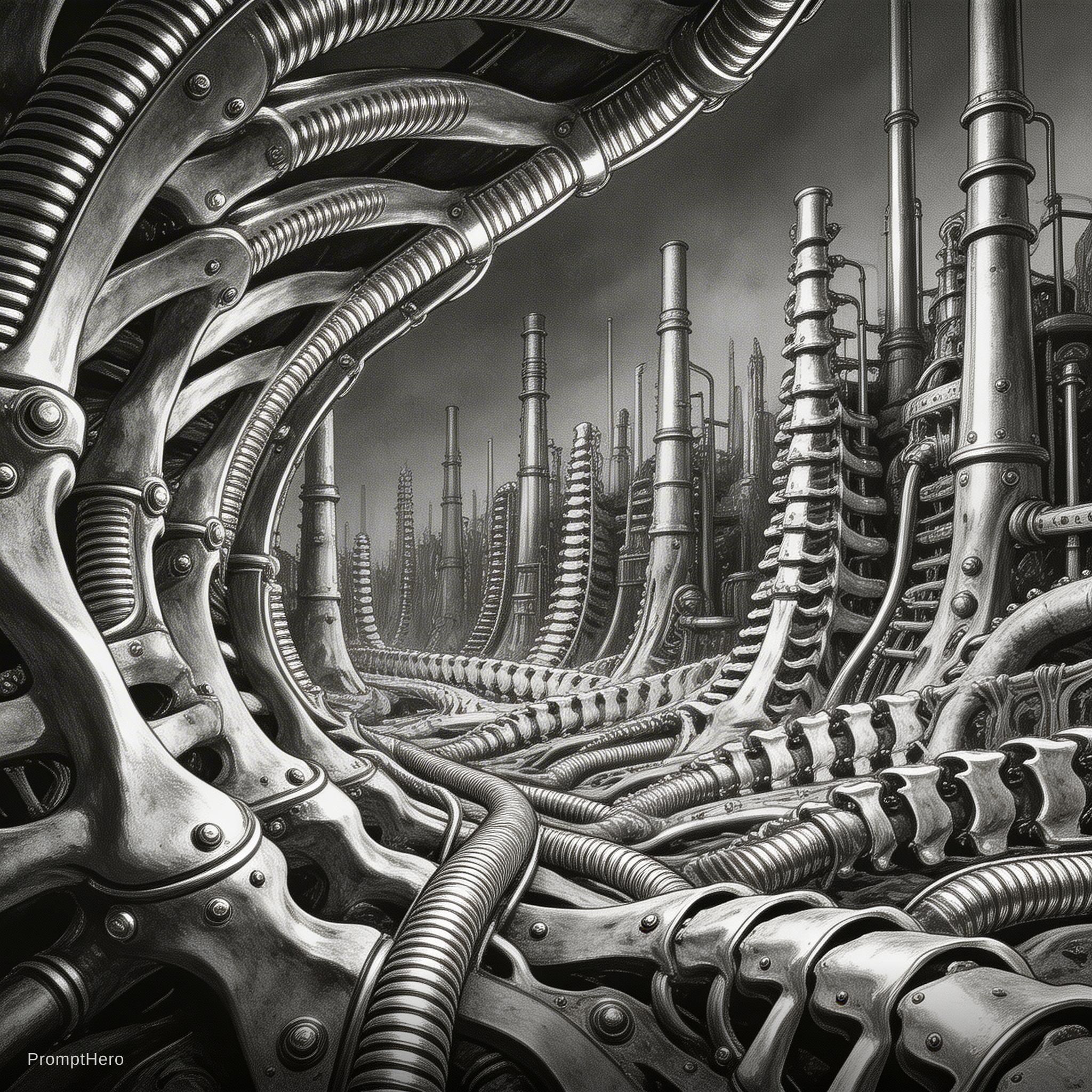 AI generated: Seedream 5 prompt: A biomechanical landscape in the style of H.R. Gig... (Seedream 5 - Landscapes)