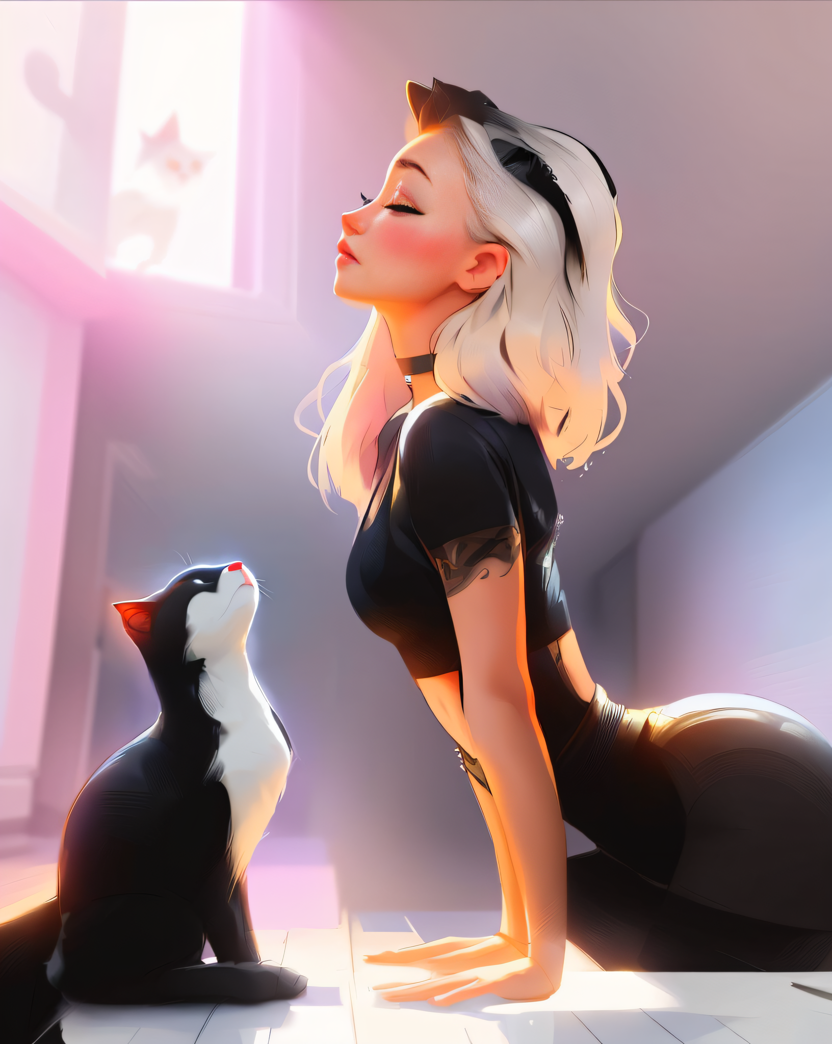 صورة مولدة بالذكاء الاصطناعي: DreamShaper prompt: a close up of a woman in a black top and a cat, lo... (نموذج DreamShaper - فن مفاهيمي)