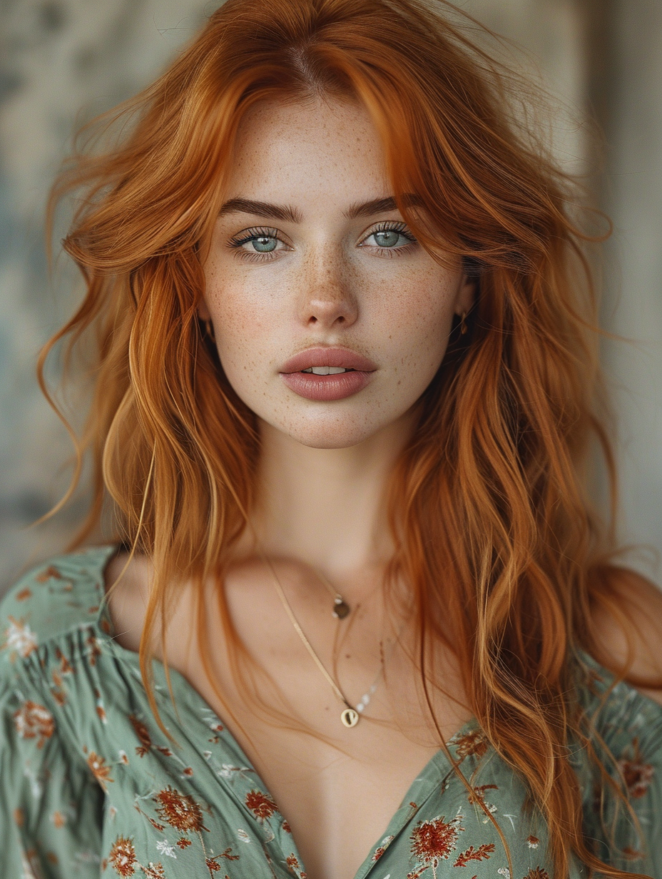 AI generated: Midjourney prompt: a young woman with long red hair in blouse, in the... (Midjourney - Photography)