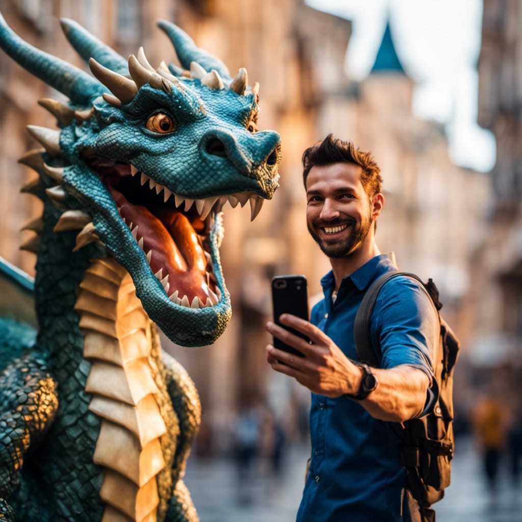 صورة مولدة بالذكاء الاصطناعي: Photo of a Selfie with a Dragon (نموذج Stable Diffusion - تصوير فوتوغرافي)