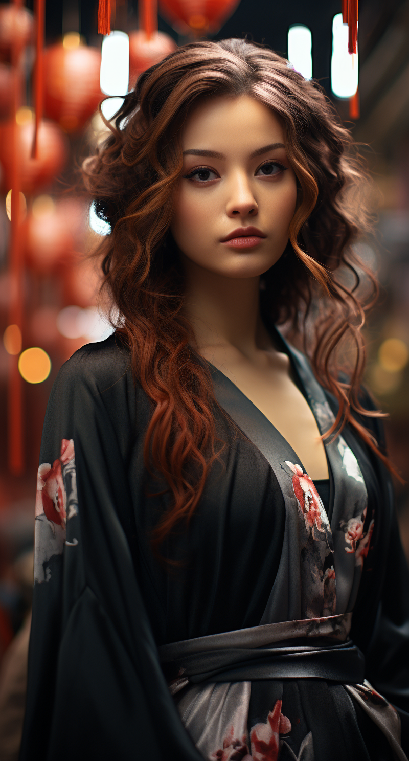 Midjourney prompt: an oriental woman in a black kimono showing some r... - Midjourney