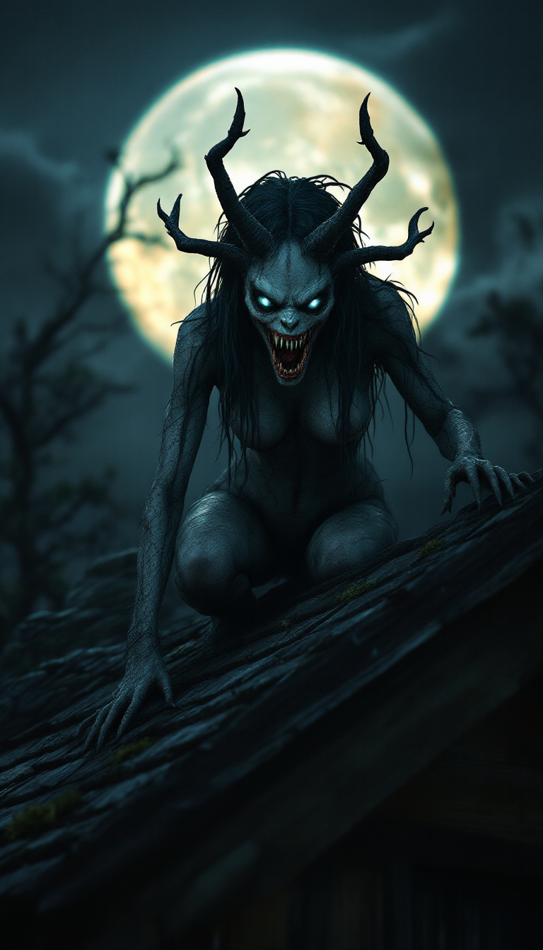 صورة مولدة بالذكاء الاصطناعي: FLUX prompt: Aswang, female scary creature with fangs, at the r... (نموذج FLUX - فن ثلاثي الأبعاد)