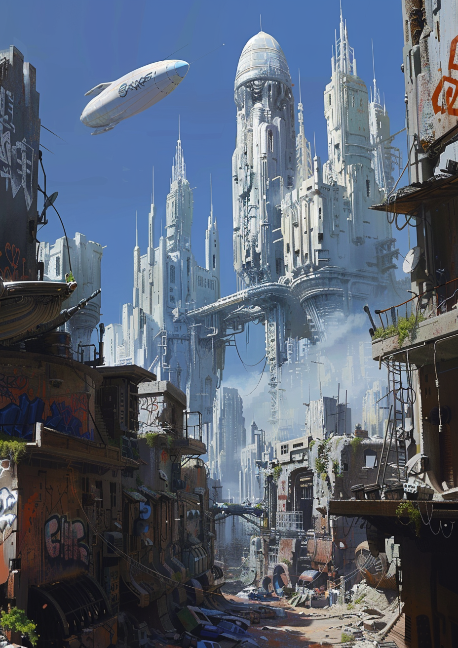 Midjourney prompt: A small futuristic city in the ruins of an old bui... - Midjourney