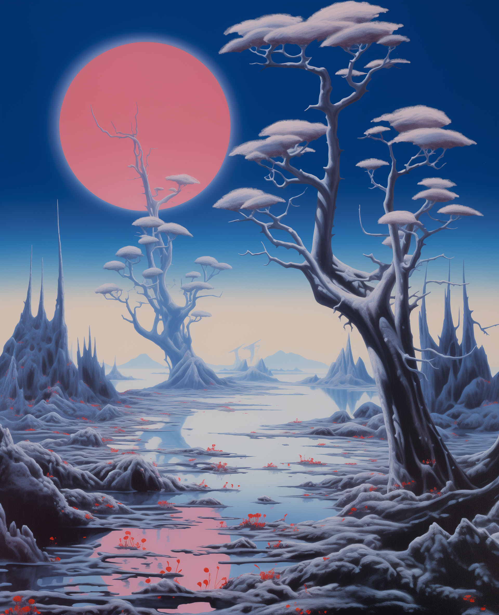 AI generated: Midjourney prompt: blue sky, blue sea, alien landscape with strange p... (Midjourney - Landscapes)