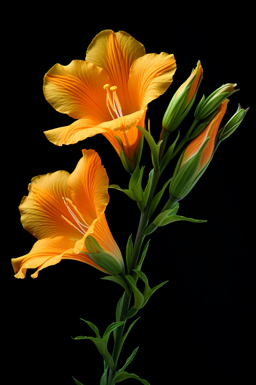 صورة مولدة بالذكاء الاصطناعي: Midjourney prompt: Three yellow-orange petals of an alpine bellflower... (نموذج Midjourney - تصوير فوتوغرافي)